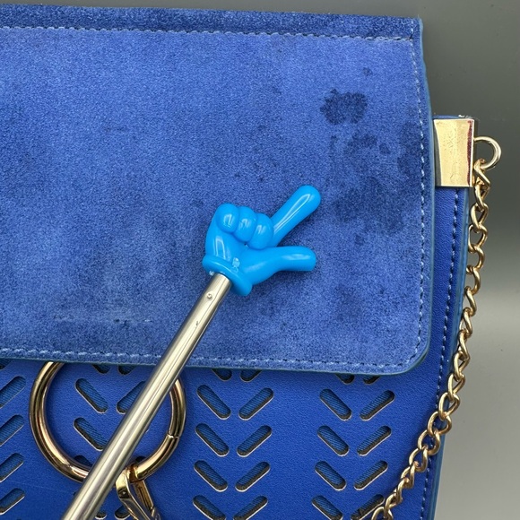 Moda Luxe Elianna Crossbody Bag Cobalt Blue Perforated Mini Bag Gold Ring Accent - Picture 2 of 16